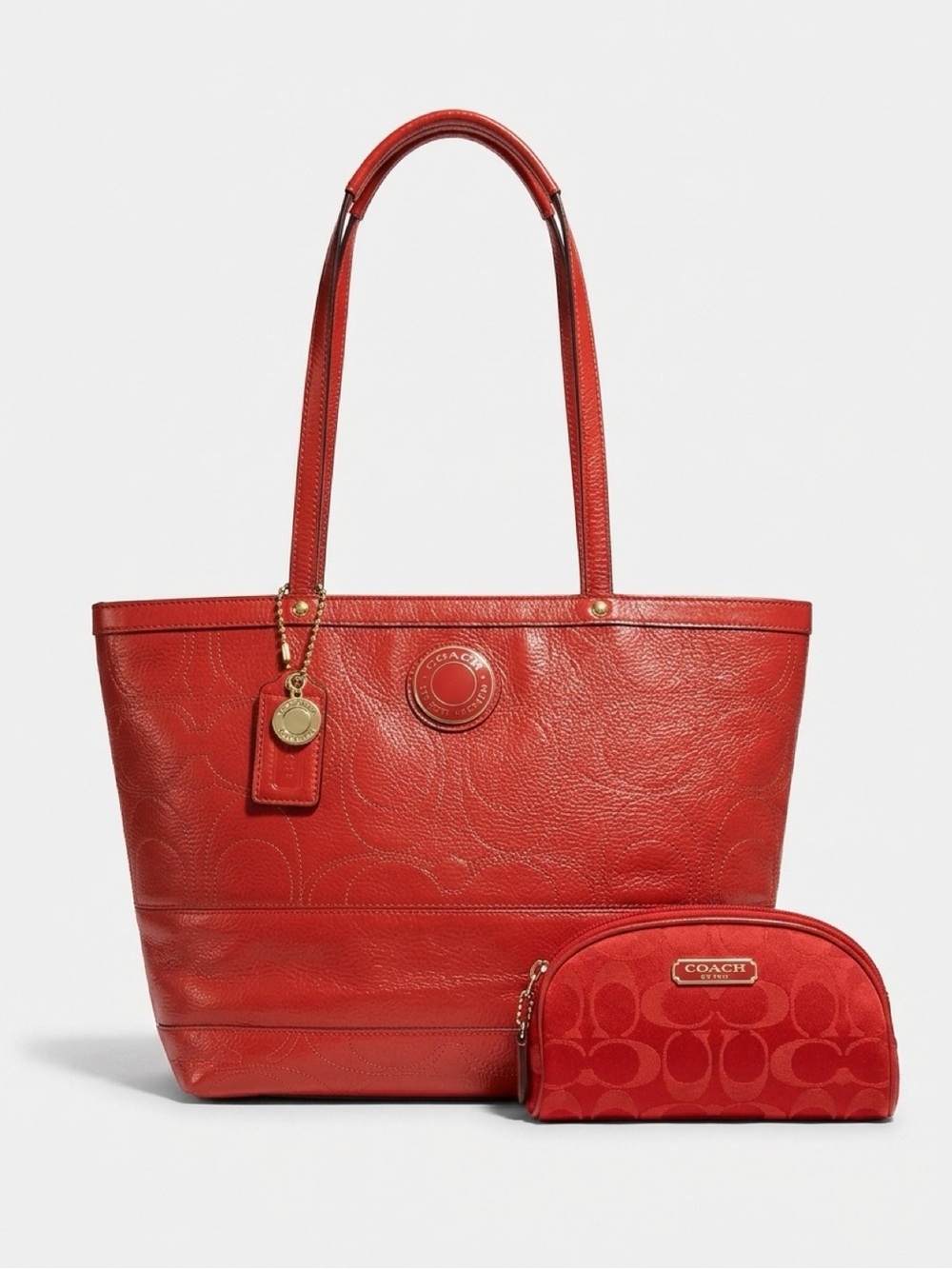 Coach Poppy Red Signature Op Art Glam Tote Bag & Coach x Estée Lauder Cosmetic
